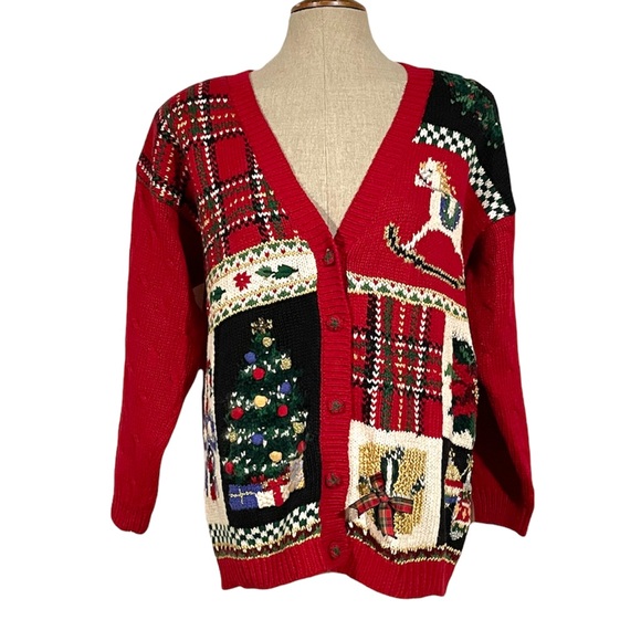 Vintage Sweaters - VINTAGE Christmas Button Front V Neck Holiday Xmas Embellished Knit Cardigan